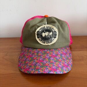 Natural Life Free Spirit Wild Heart Trucker Hat Pink Mesh Floral Brim Snapback